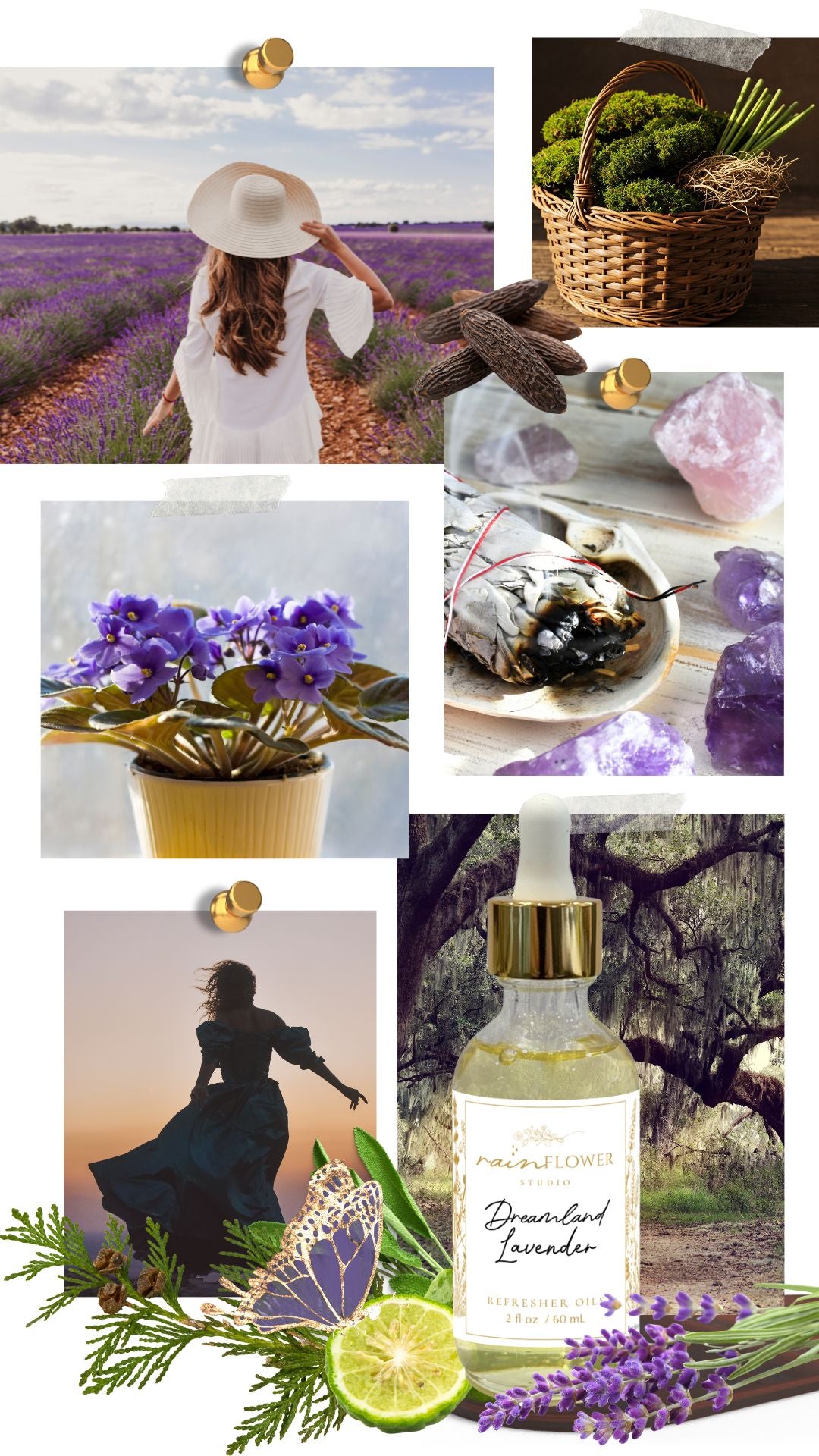 Mood Board for Dreamland Lavender Refresher Oil by Rainflower Studio
