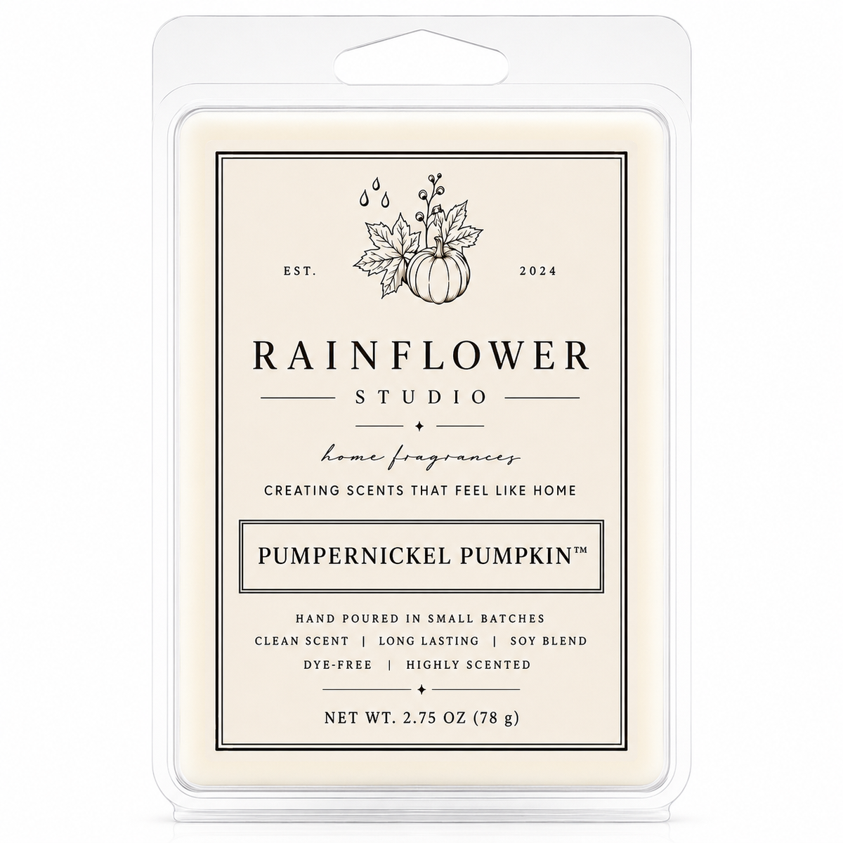 Rainflower Studio Pumpernickel Pumpkin wax melt packaging on a white background