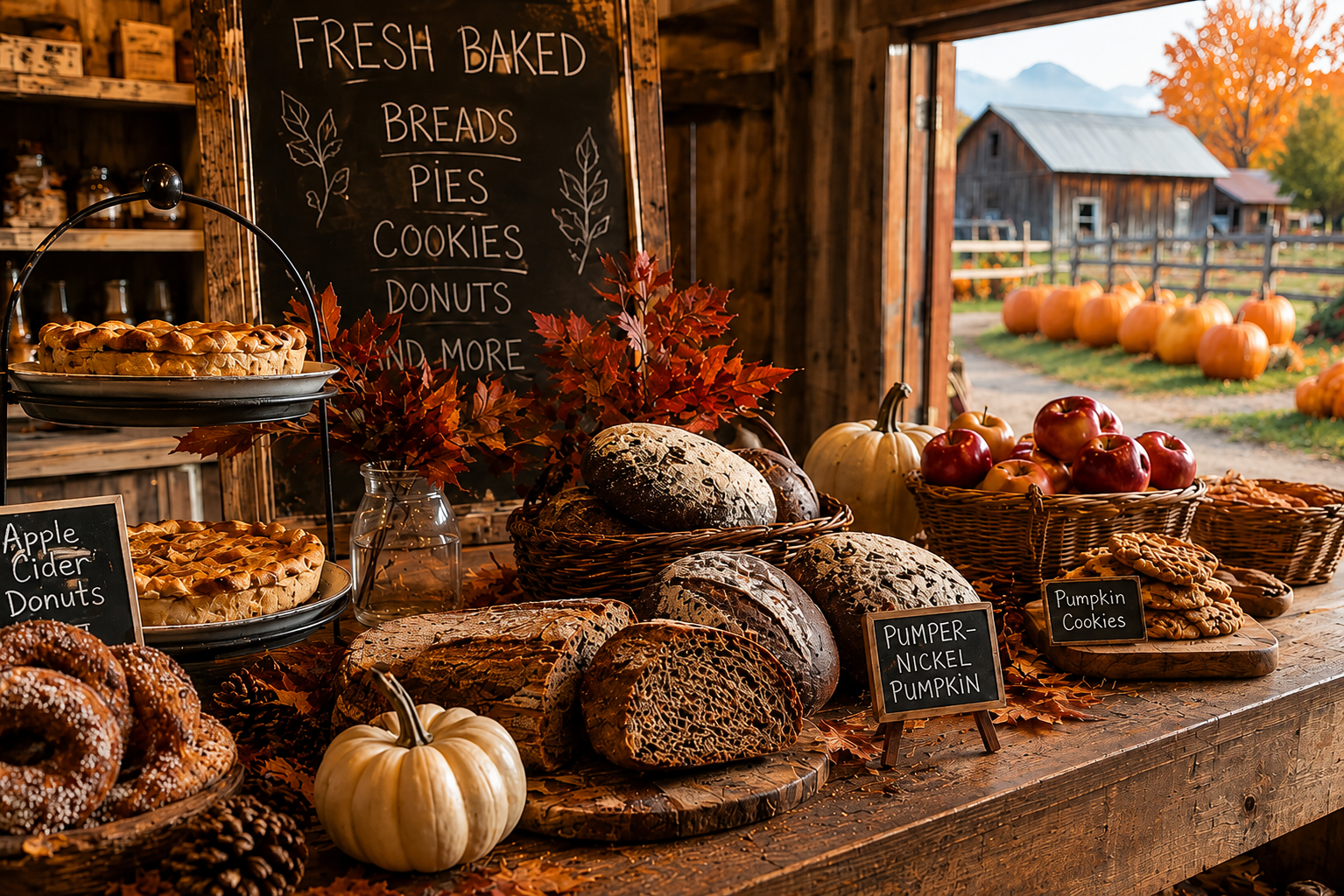 Autumn-themed bakery display with baked goods and pumpkins in a rustic setting.