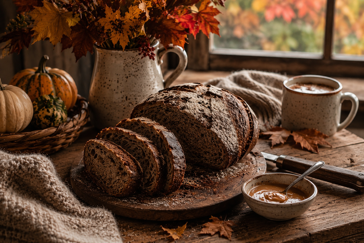 Loaf of bread sliced on a wooden table with autumn decorations and a cup of coffee.