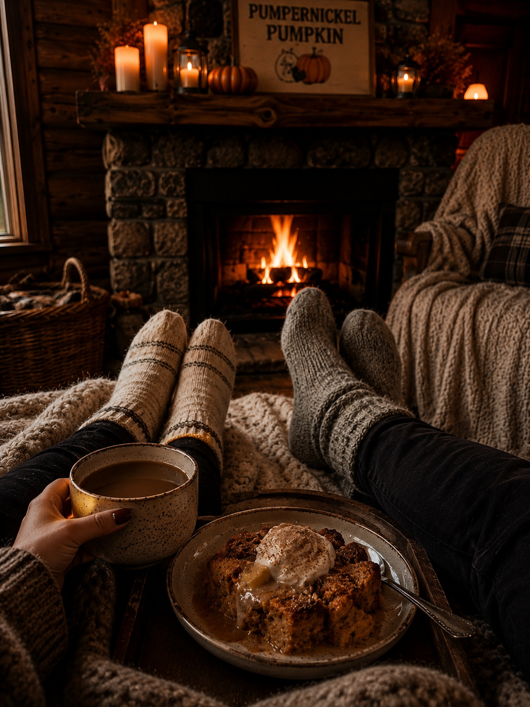 Two people in cozy socks sitting by a fireplace with a bowl of dessert and a mug.