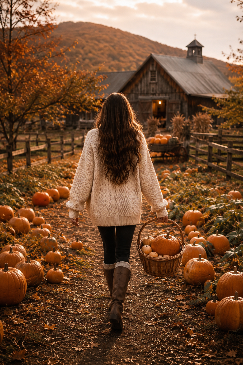Woman walking through a pumpkin patch with a basket, surrounded by pumpkins and a wooden barn in the background.