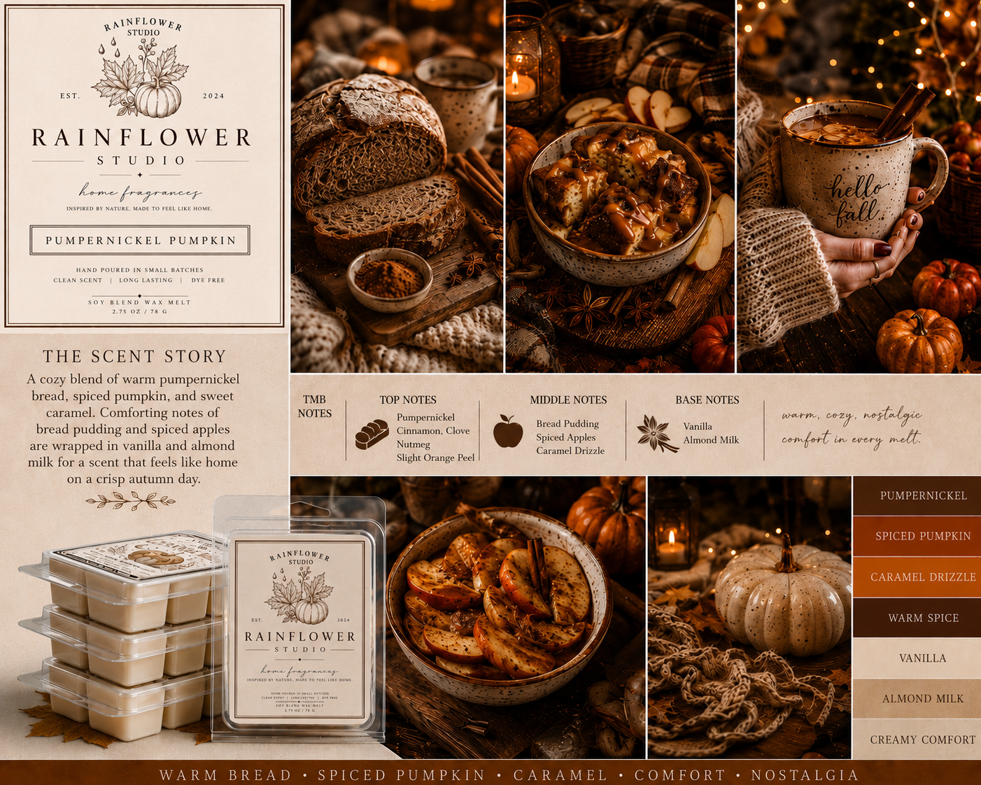 Collage of images featuring Rainflower Studio pumpkin spice products and scents.