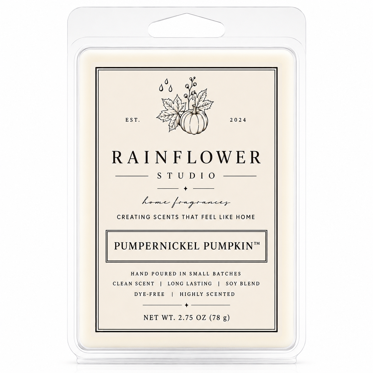 Rainflower Studio Pumpernickel Pumpkin wax melt packaging on a white background