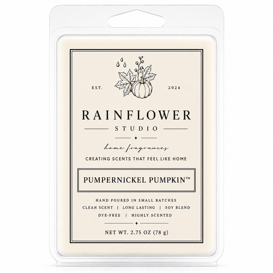 Rainflower Studio Pumpernickel Pumpkin wax melt packaging on a white background